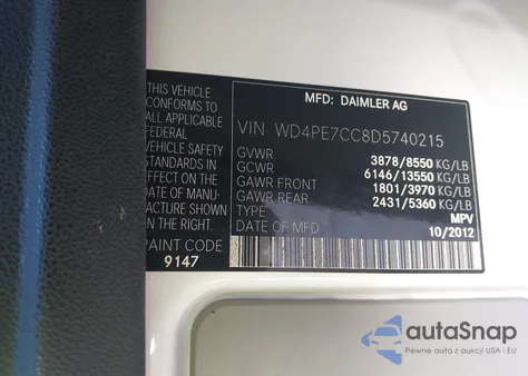 2013 Mercedes-Benz Sprinter 2500 Normal Roof из США, поврежденный, VIN WD4PE7CC8D5740215